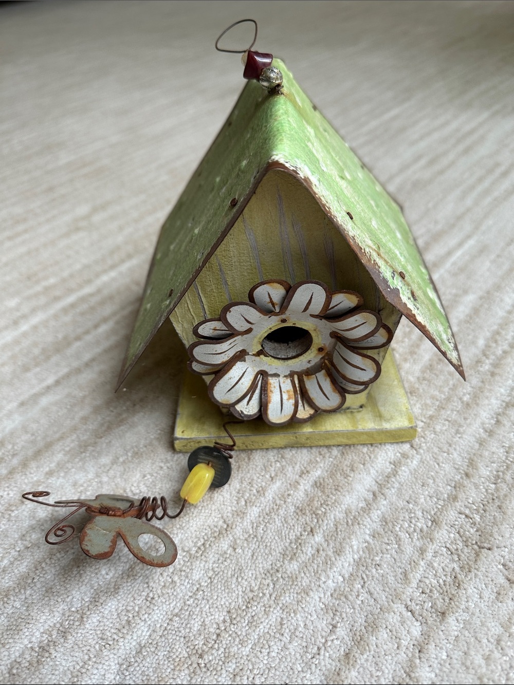 Distressed Wood Decorative Outdoor Garden Birdhouse with 3D Flower Rustic Yellow